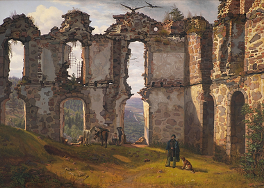 Ruins with figures and landscape