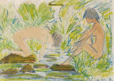 Two figures by a stream