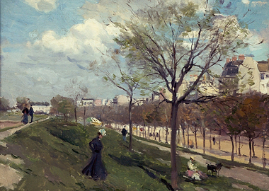 Park Scene with Figures and Cityscape