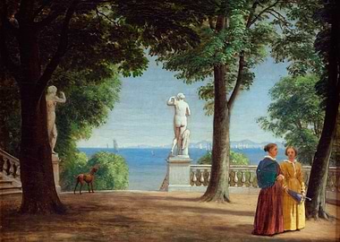 Garden scene with statues and women