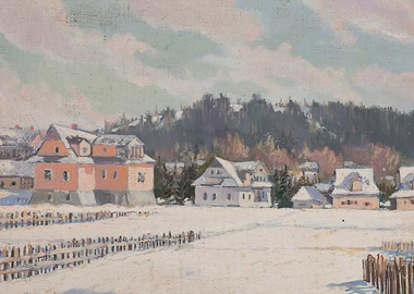 Winter Village Scene Painting