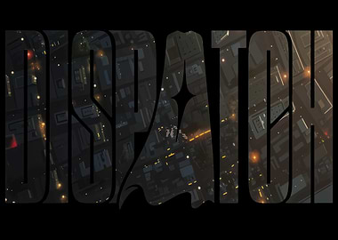 Dispatch text art over cityscape