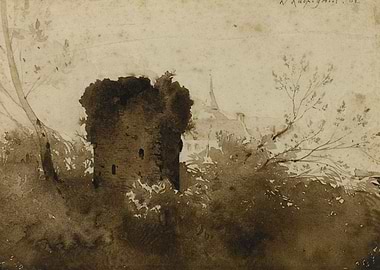 Ruined Tower and Village Landscape