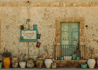 Italian Shopfront with Plants and Sign