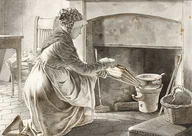 Woman tending a fireplace with bellows