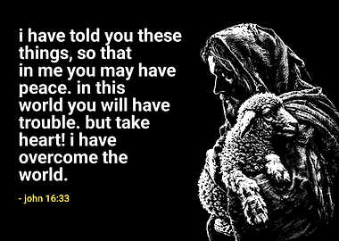 Jesus holding a lamb with scripture