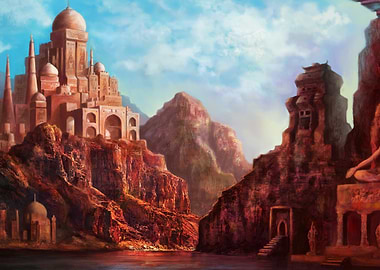 Ancient Desert Cityscape with Mountains