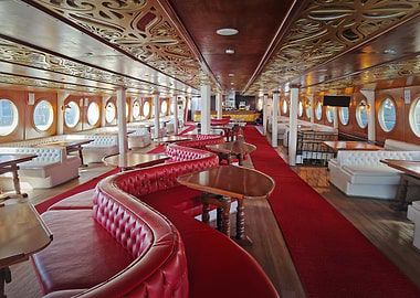Luxurious Red and White Interior of a Ship Lounge