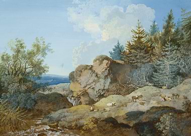 Pastoral Landscape with Sheep and Waterfall