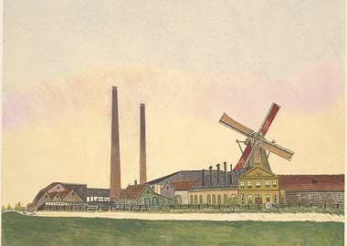 Industrial Landscape with Windmill and Smokestacks