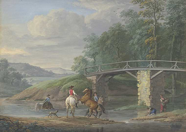 Rural River Scene with Bridge and Riders