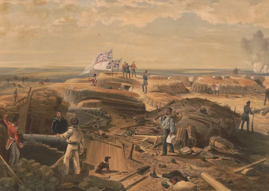 Military Battle Scene with Soldiers and Cannons