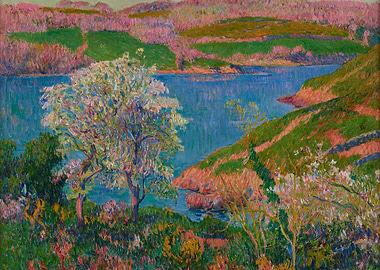 Spring Landscape with Flowering Tree