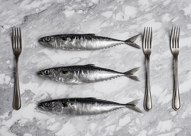 Three Fish and Forks on Marble