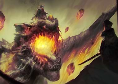 Dragon rider battling a fiery monster