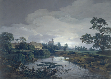 Moonlit Village by a River