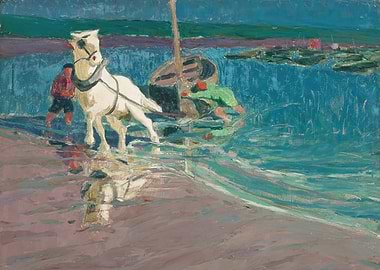 Horse pulling boat ashore