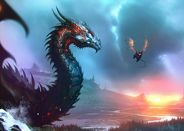 Epic Dragon Battle at Sunset