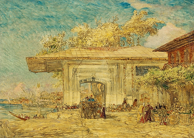 Watercolor of a bustling city gate by the water