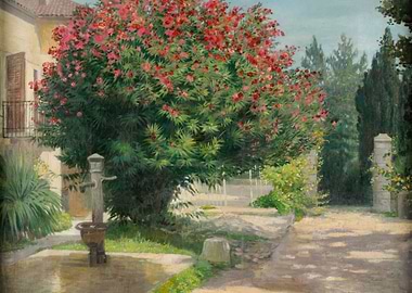 Vibrant Oleander Bush by a Water Pump