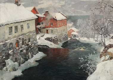 Winter Village Scene by a River