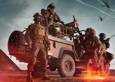 Special Forces Team with Vehicle and Helicopters