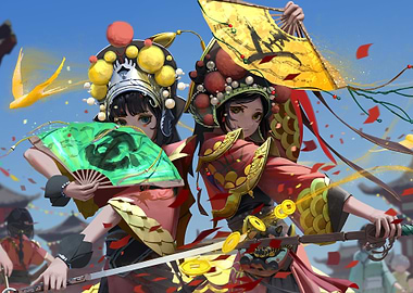 Anime Girls with Traditional Chinese Costumes and Fans