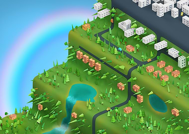 Isometric Pixelated Landscape with Rainbow