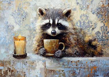 Raccoon with Coffee and Candle