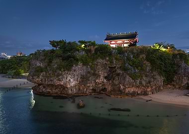 Naha Okinawa Temple on a Cliff by the Sea at Dusk
