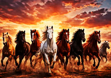Herd of Horses Running at Sunset