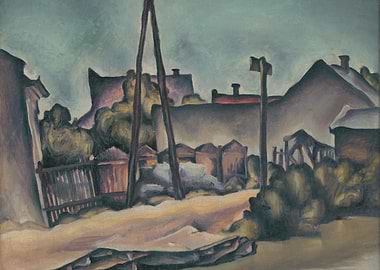 Impressionistic Village Scene with Power Lines