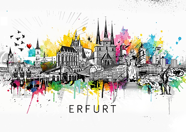 Erfurt Cityscape with Watercolor Splashes