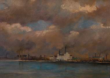 Industrial Waterfront with Smokestacks