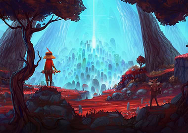 Fantasy landscape with glowing stones