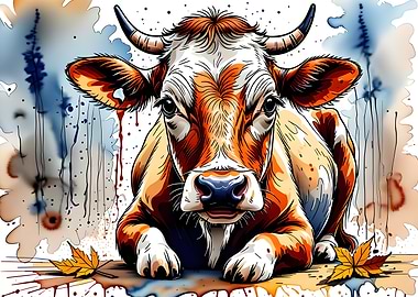 Watercolor Cow with Autumn Leaves