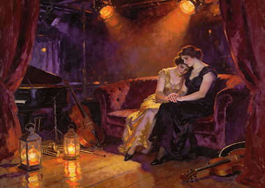 Two women on a couch with musical instruments