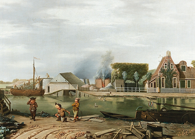 Children playing by a canal with a burning building