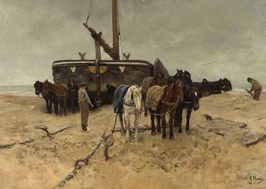 Horses and Boat on a Sandy Beach