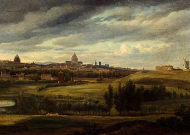 Panoramic cityscape with rolling hills