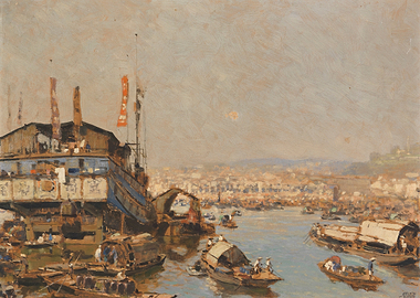 Busy Harbor Scene with Boats and Buildings