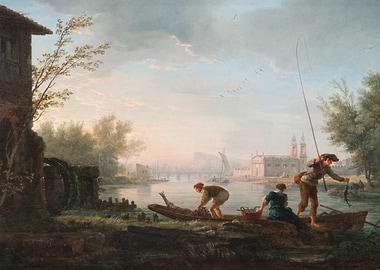 River Scene with Fishermen and Town
