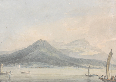 Watercolor painting of a coastal landscape with mountains and boats