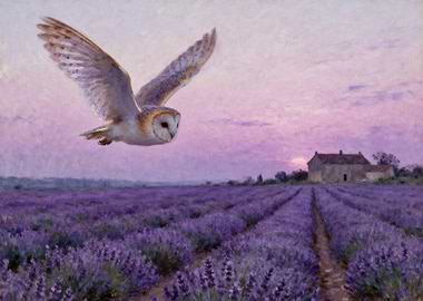 Barn Owl Flying Over Lavender Field