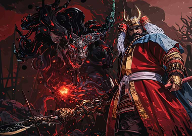 Samurai Warrior Facing Demonic Beast