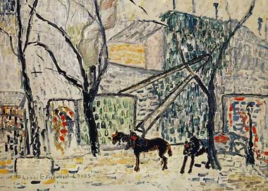 Two horses in a street scene