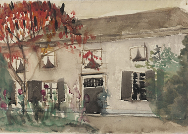 Watercolor painting of a house with autumn tree
