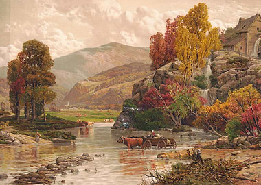 Autumn Landscape with Watermill and Ox Cart