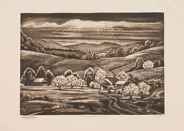 Rural Landscape with Farmhouses and Sunbeams