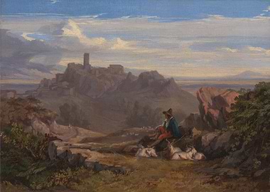 Shepherd Resting with Goats in a Mountain Landscape